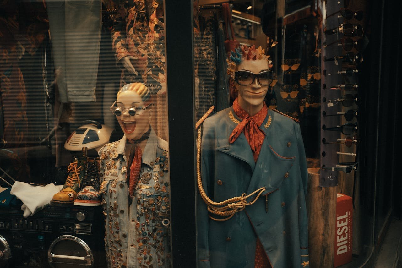about-03 Quirky mannequins adorned in eclectic fashion pieces inside a vibrant store display.